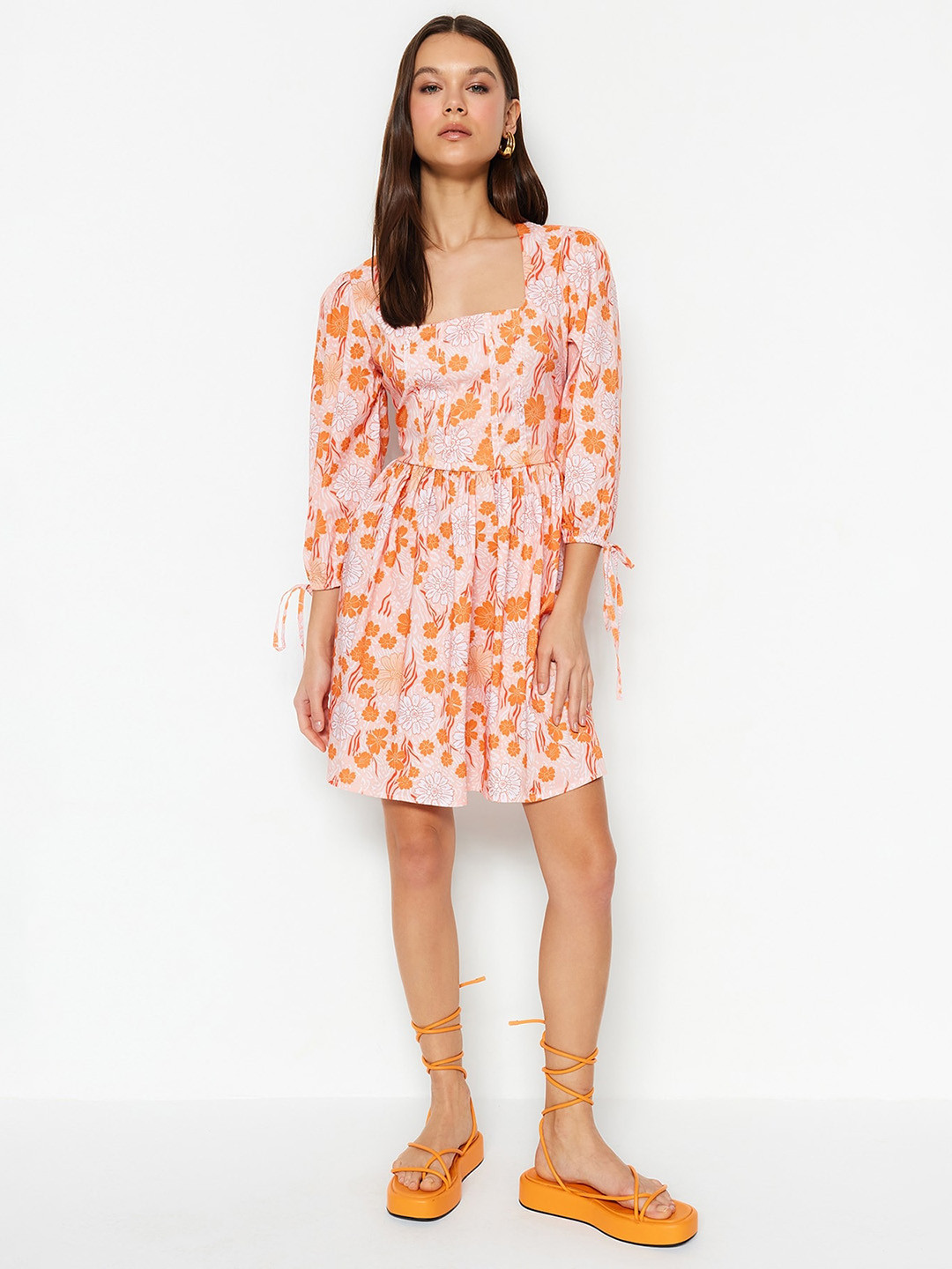 

Trendyol Floral Print Square Fit & Flare Dress, White