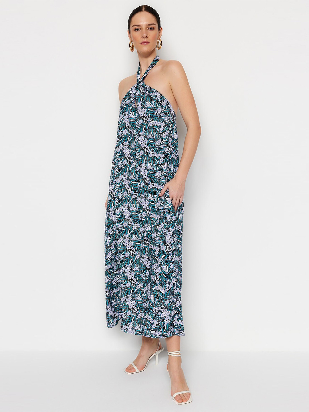 

Trendyol Floral Print Halter Neck Maxi Dress, Teal