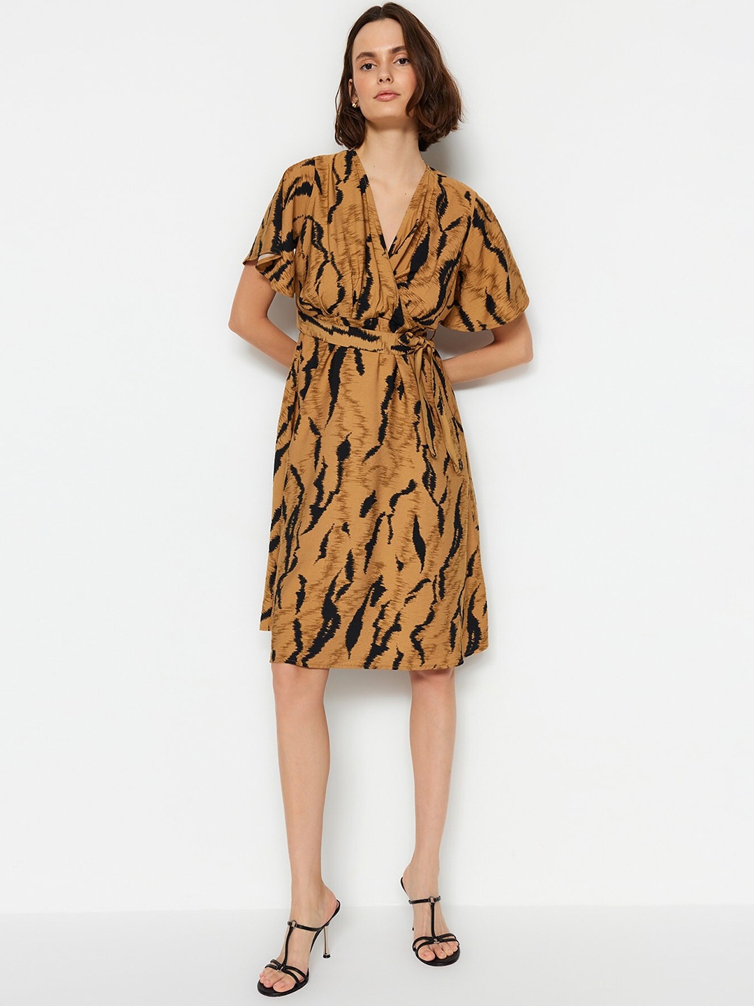 

Trendyol Animal Printed Wrap Dress, Brown