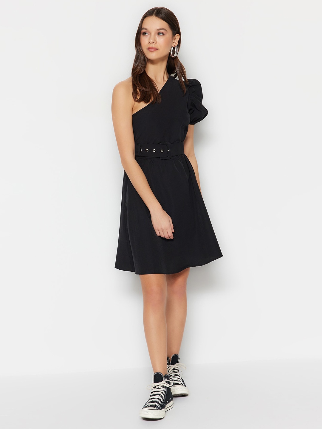 

Trendyol Cotton One Shoulder Puff Sleeves Fit & Flare Dress, Black