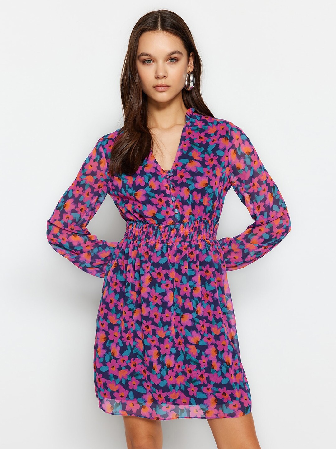 

Trendyol Floral Printed V-Neck Puff Sleeves A-Line Dress, Pink
