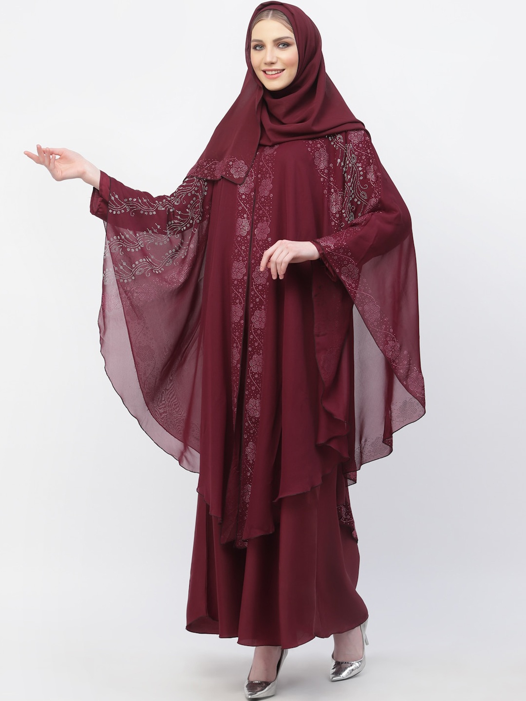 

Arrabi Embellished Detail Burqa With Scarf, Maroon