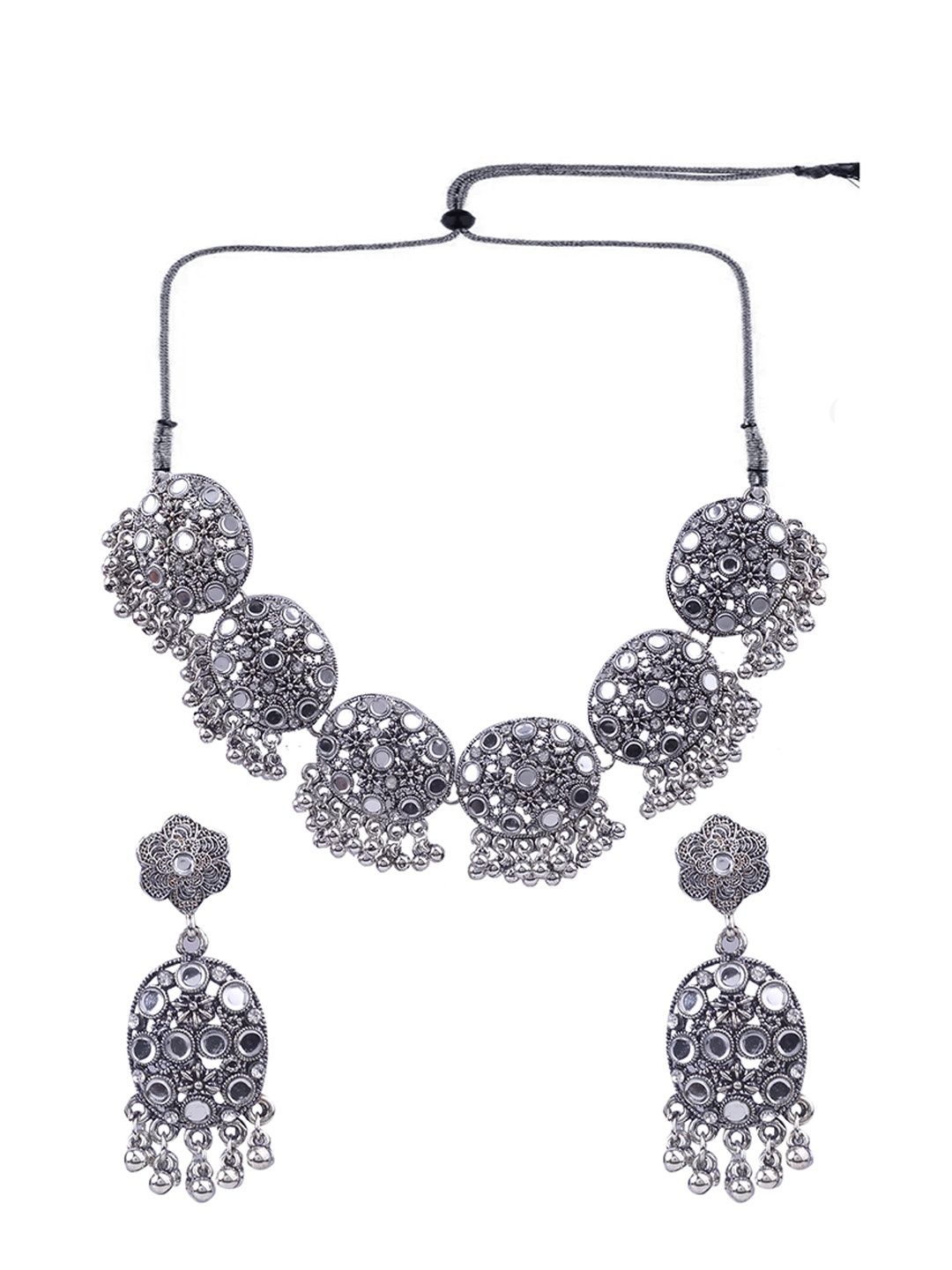 

AASHISH IMITATION Silver-Plated Kundan Studded & Beaded Oxidised Jewellery Set