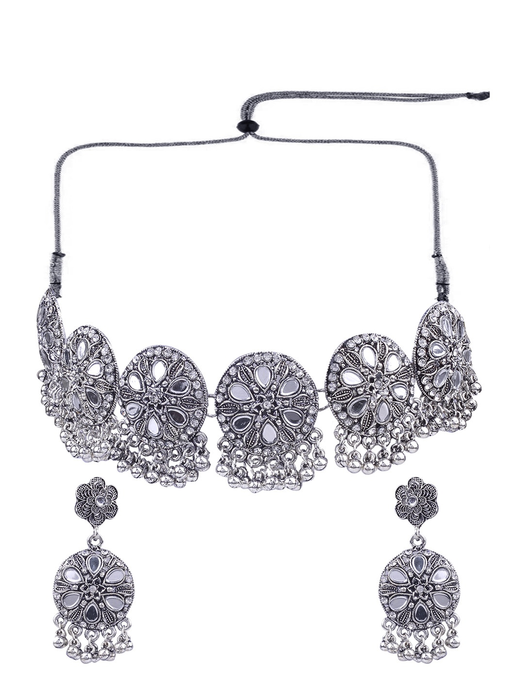 

AASHISH IMITATION Rhodium-Plated Mirror-Studded and Beaded Oxidised Jewellery Set, Silver