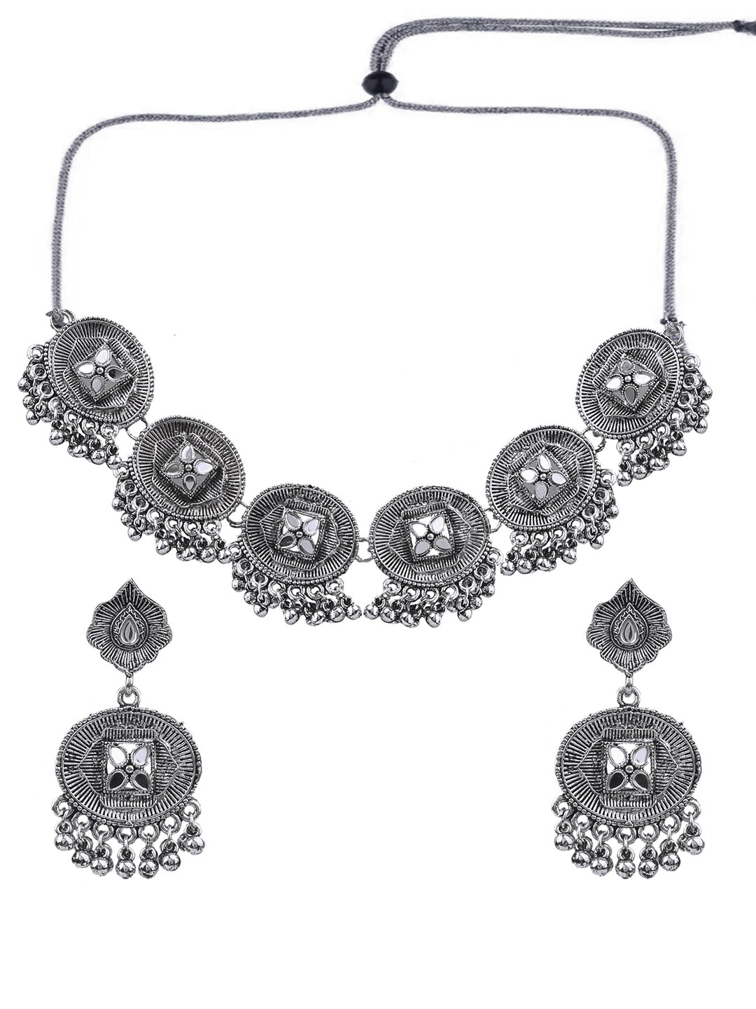 

AASHISH IMITATION Rhodium-Plated Mirror-Studded and Beaded Oxidised Jewellery Set, Silver