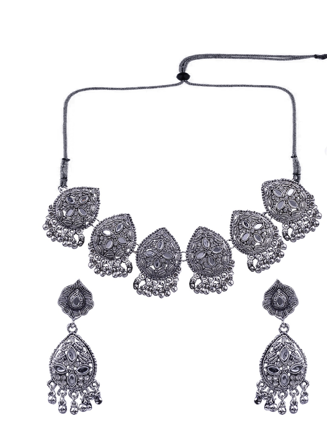 

AASHISH IMITATION Rhodium-Plated Mirror-Studded and Beaded Oxidised Jewellery Set, Silver