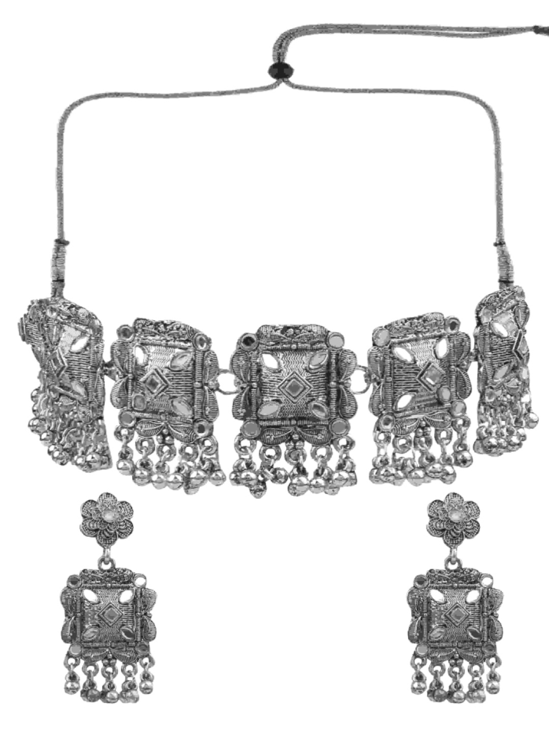 

AASHISH IMITATION Rhodium-Plated Mirror-Studded and Beaded Jewellery Set, Silver