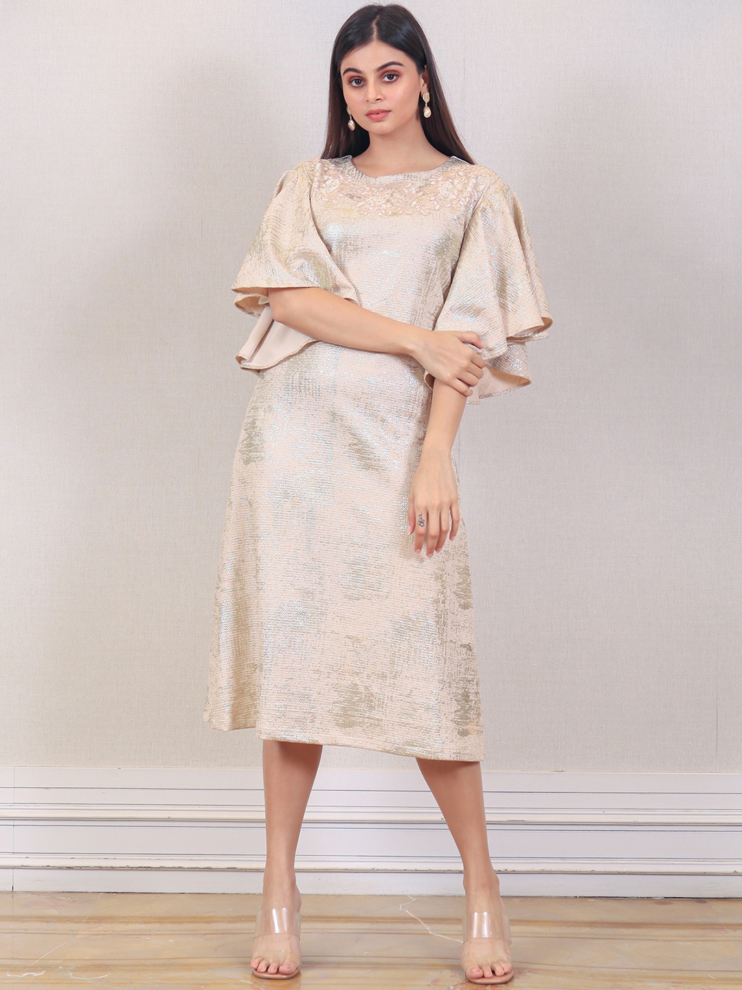 

Simaaya Abstract Printed Flutter Sleeves Sheath Midi Dress, Cream