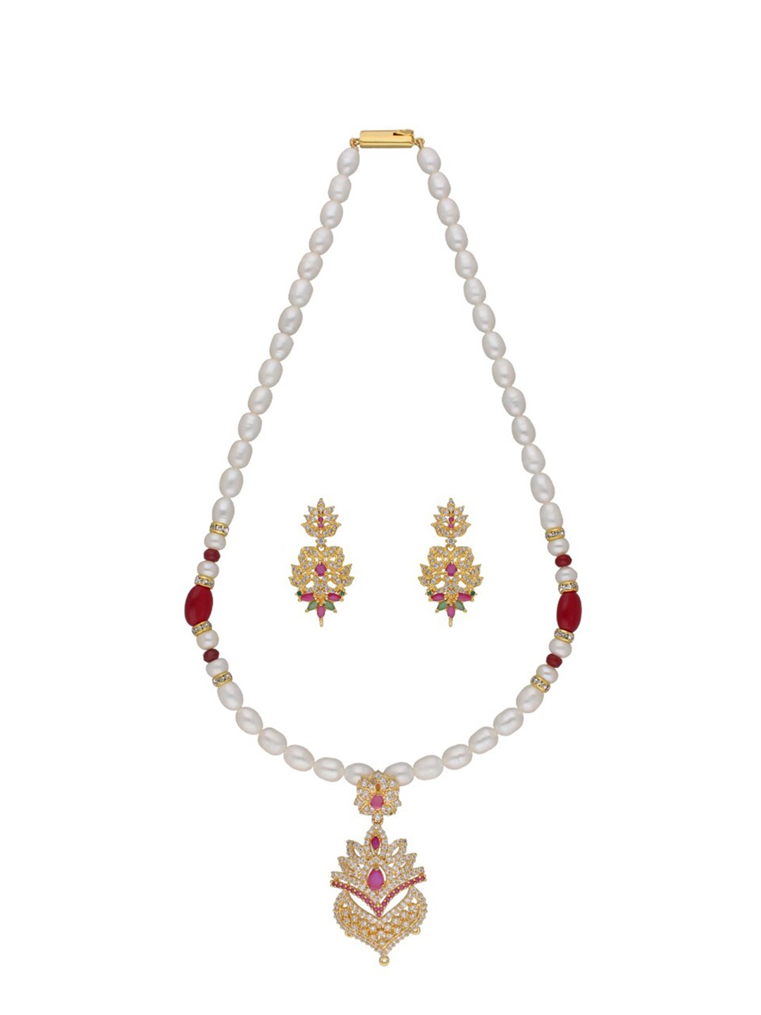 

Sri Jagdamba Pearls Dealer Gold-Plated Stone Studded & Pearl Beaded Jewellery Set