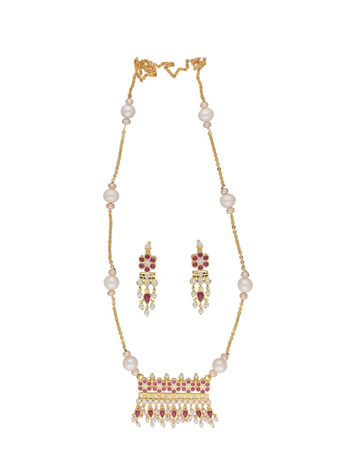 

Sri Jagdamba Pearls Dealer Gold-Plated Stone Studded & Pearl Beaded Jewellery Set
