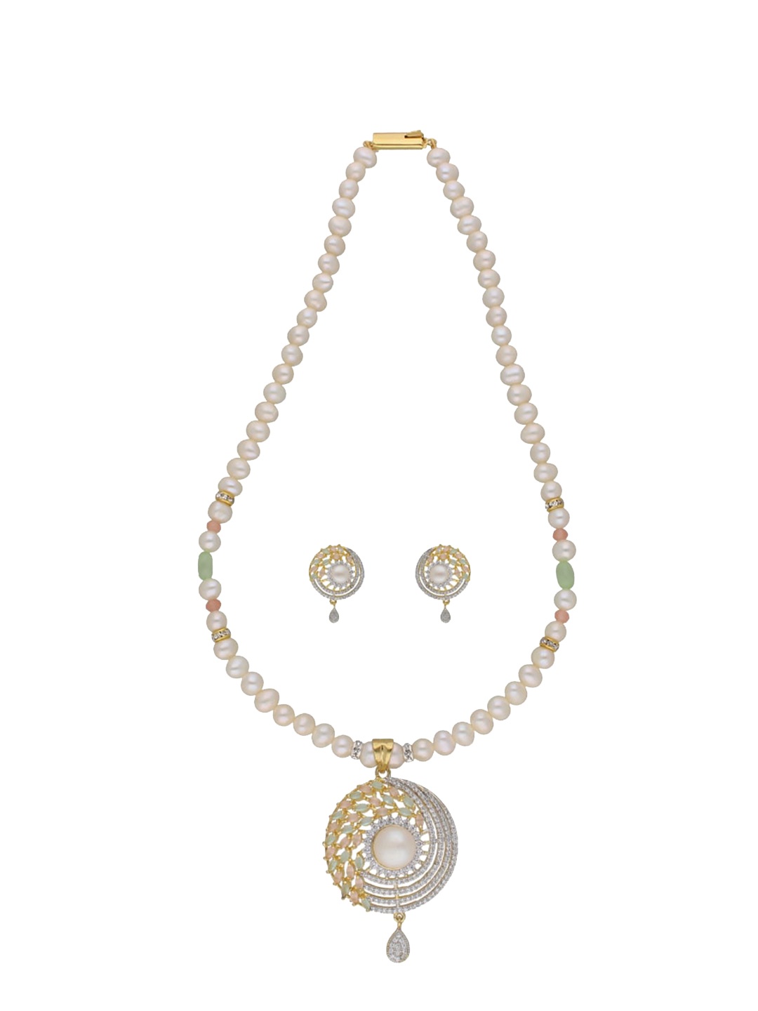 

Sri Jagdamba Pearls Dealer Gold-Plated Stone Studded & Pearl Beaded Jewellery Set