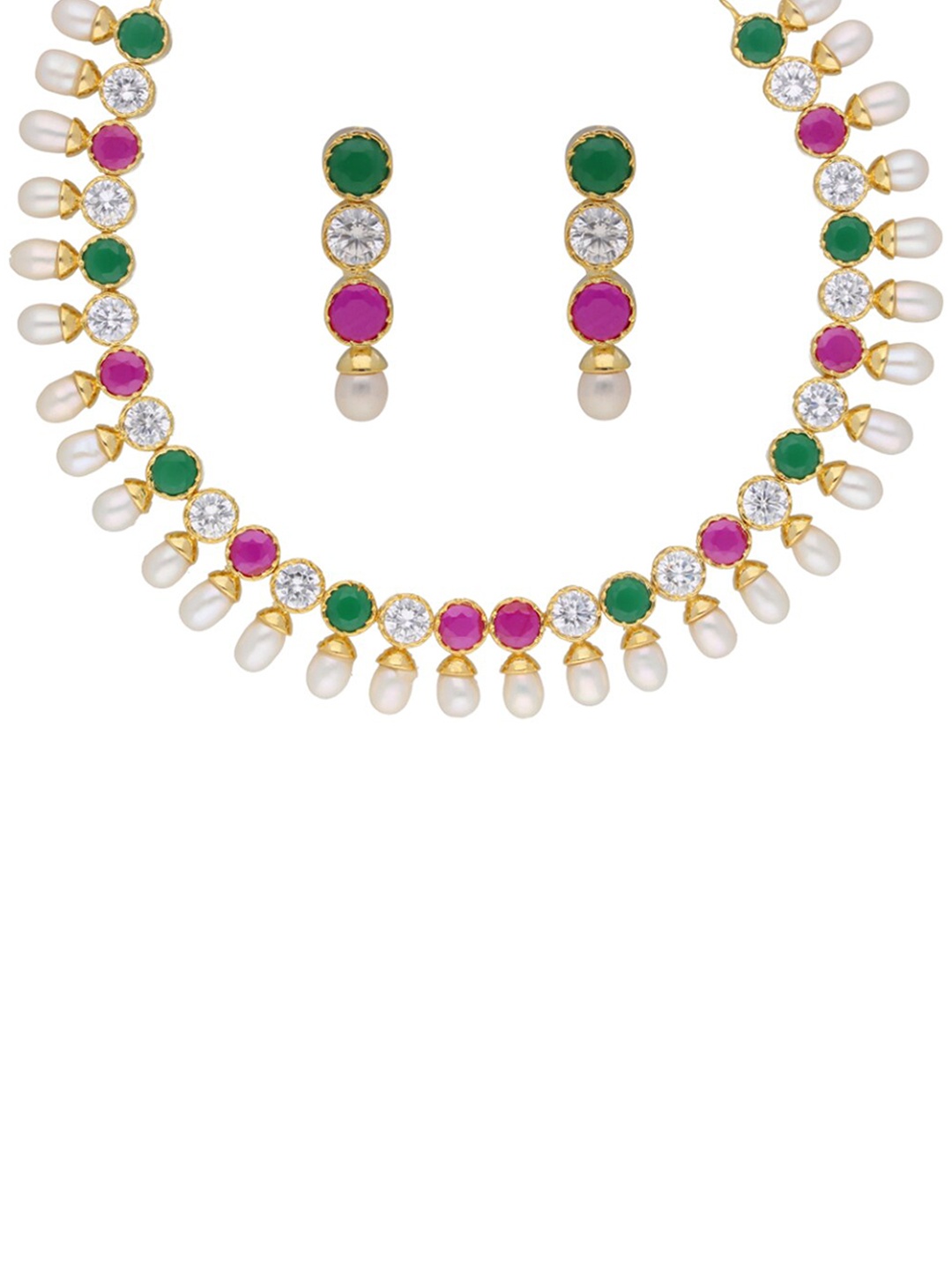 

Sri Jagdamba Pearls Dealer Gold-Plated Stone Studded & Pearl Beaded Jewellery Set