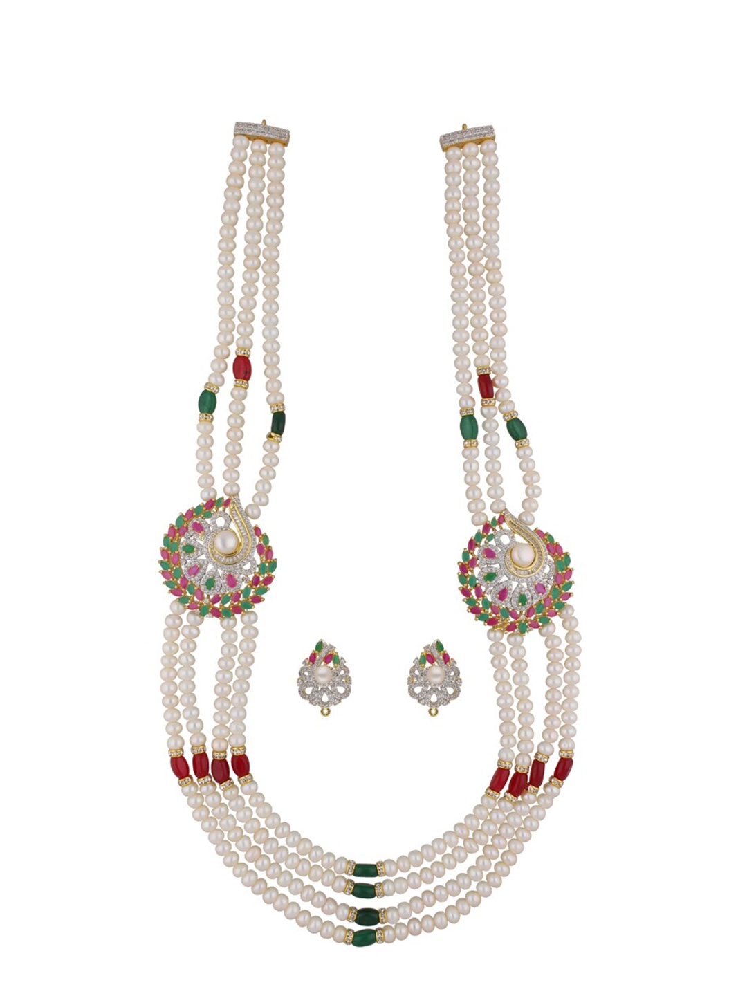 

Sri Jagdamba Pearls Dealer Gold-Plated Stone Studded & Pearl Beaded Jewellery Set