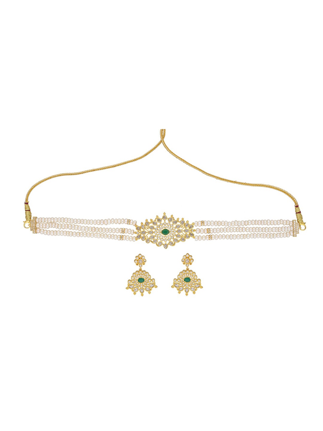 

Sri Jagdamba Pearls Dealer Gold-Plated Stone Studded & Pearl Beaded Jewellery Set