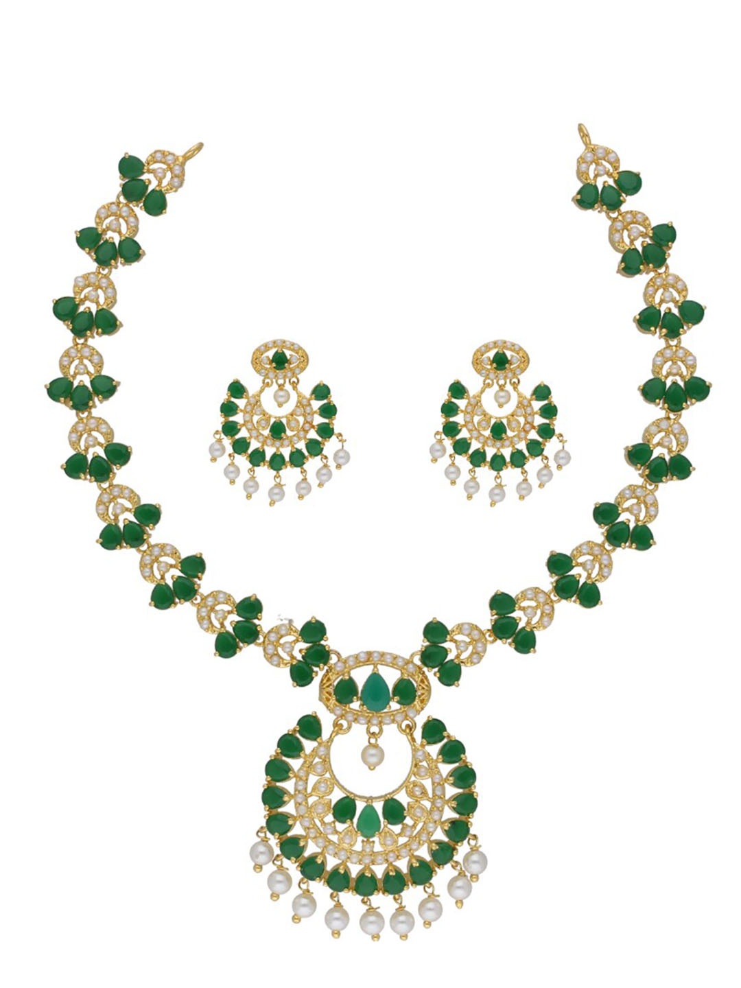 

Sri Jagdamba Pearls Dealer Nia Gold-Plated Stone Studded & Pearls Beaded Jewellery Set