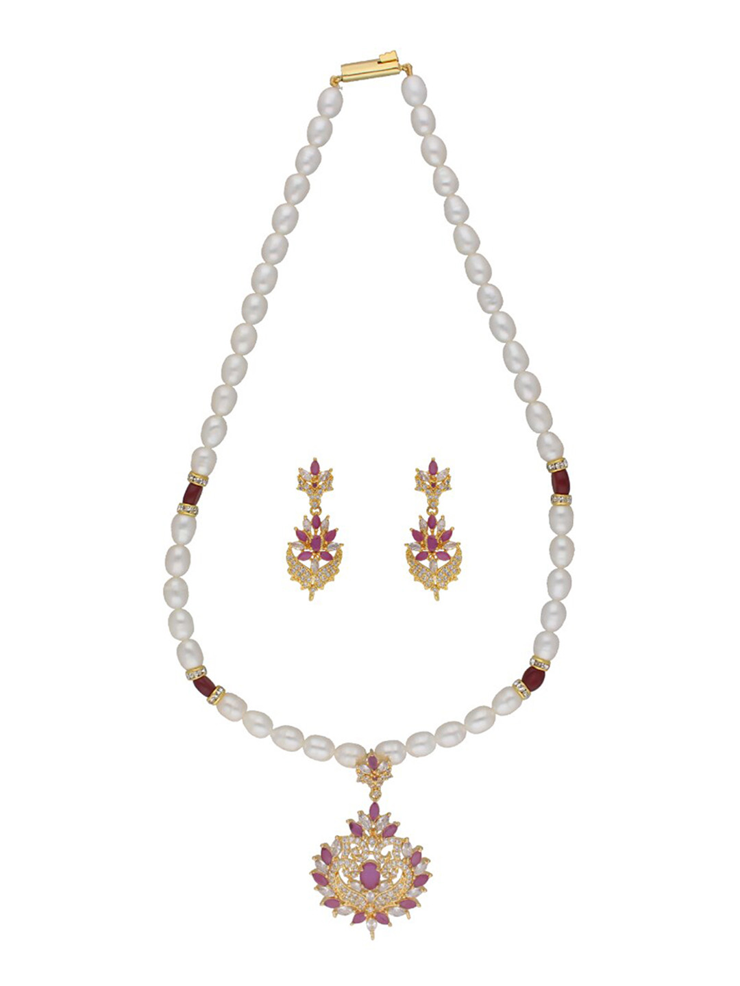 

Sri Jagdamba Pearls Dealer Gold-Plated Stone Studded & Pearls Beaded Jewellery Set