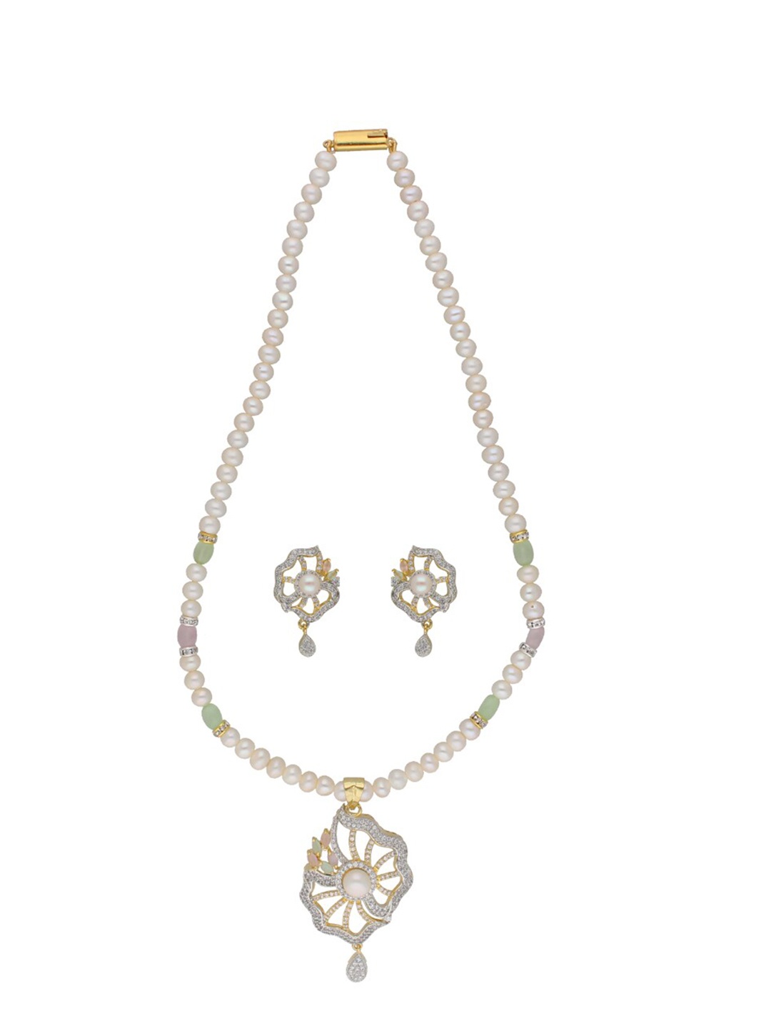 

Sri Jagdamba Pearls Dealer Gold-Plated Stone Studded & Pearl Beaded Jewellery Set