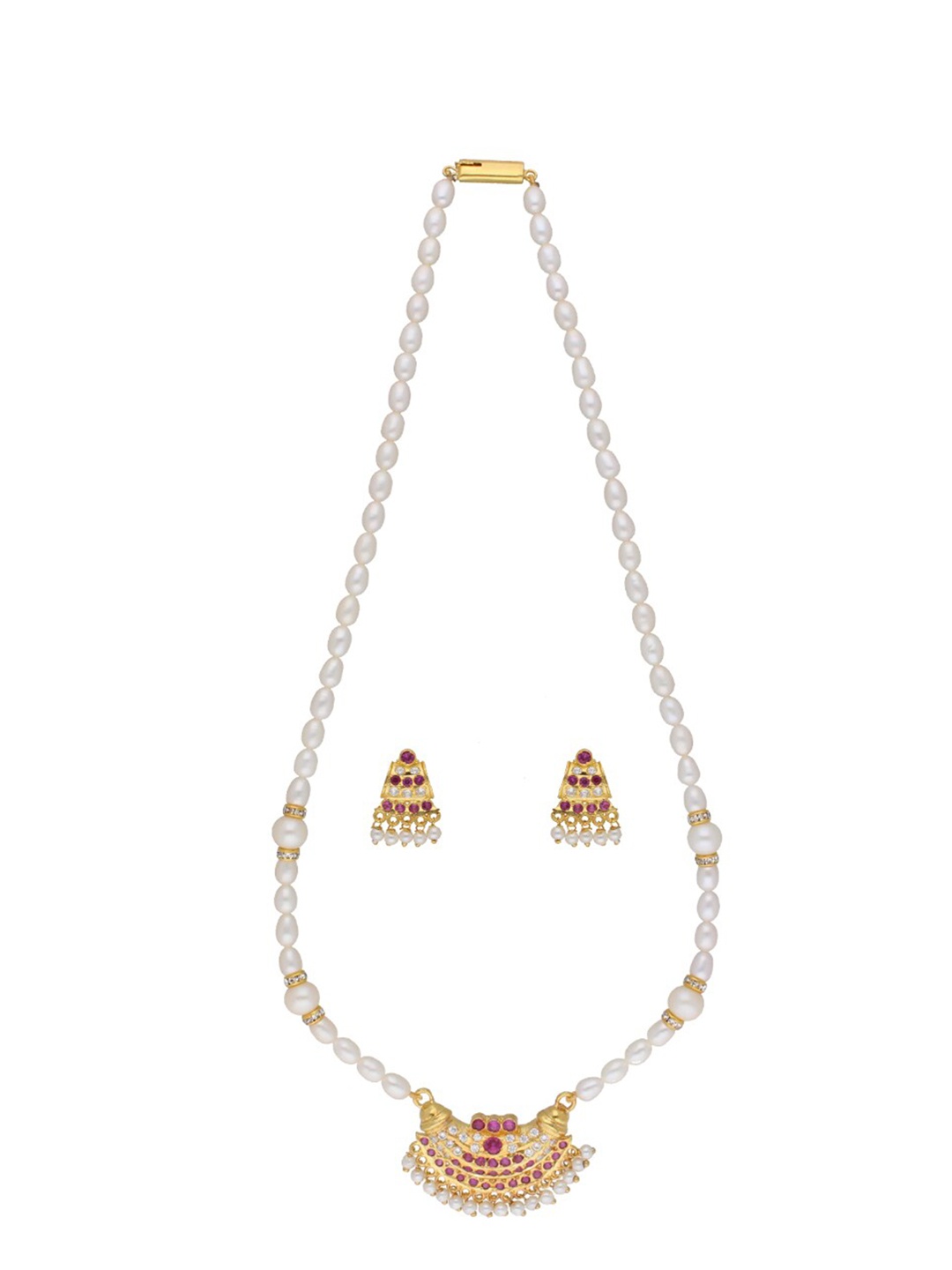 

Sri Jagdamba Pearls Dealer Gold-Plated Stone Studded & Pearl Beaded Jewellery Set