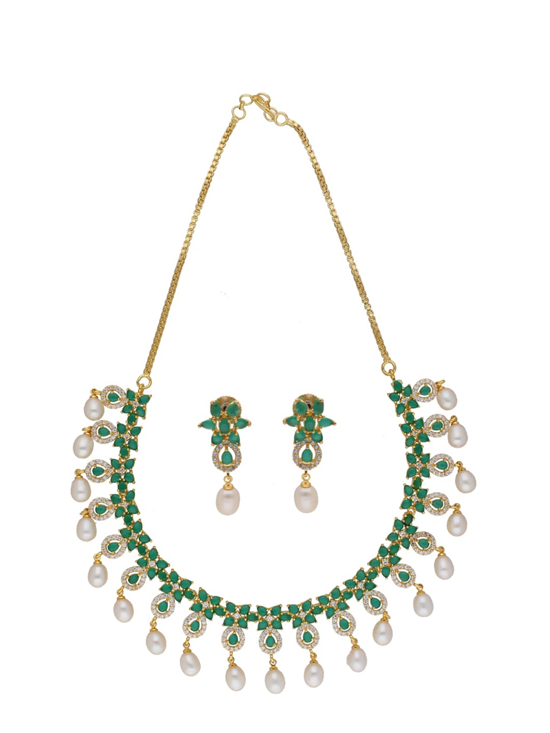 

Sri Jagdamba Pearls Dealer Gold-Plated Stone Studded & Pearl Beaded Jewellery Set