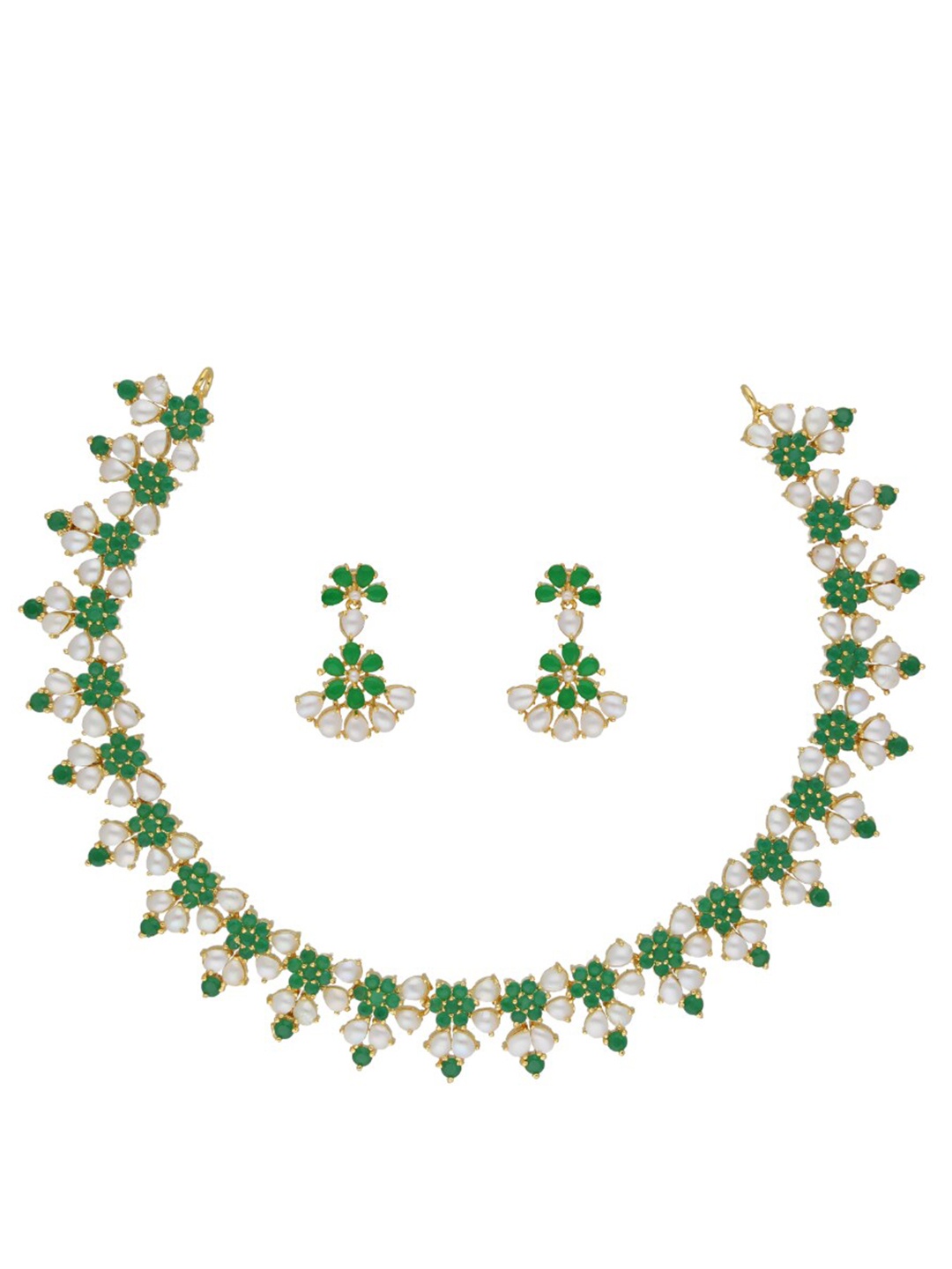 

Sri Jagdamba Pearls Dealer Gold-Plated Stone Studded & Pearl Beaded Jewellery Set