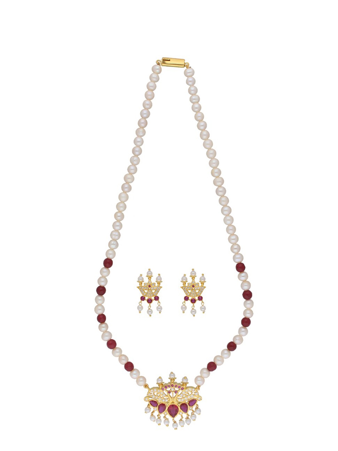 

Sri Jagdamba Pearls Dealer Gold-Plated Stone Studded & Beaded Necklace & Earrings Set