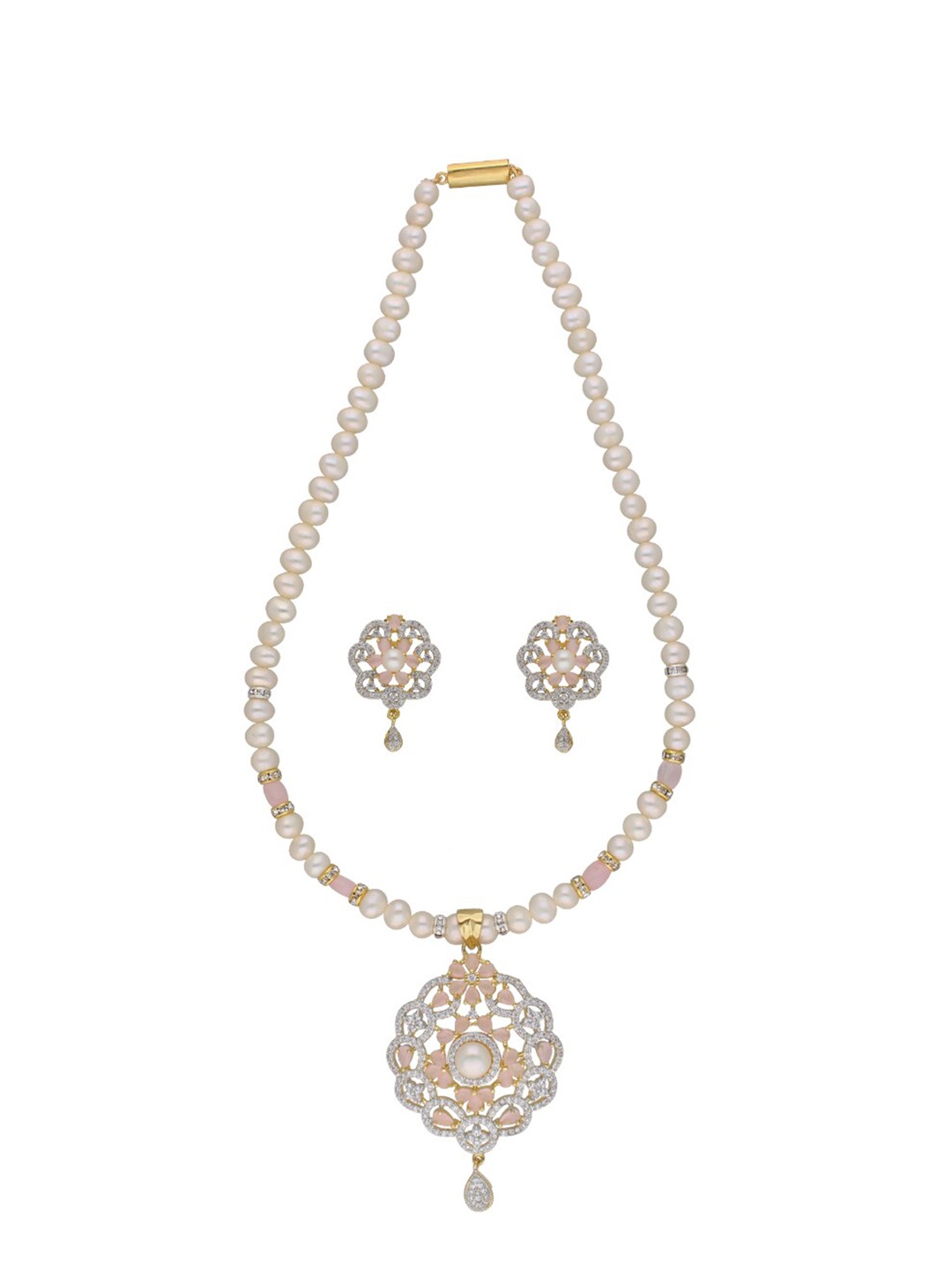 

Sri Jagdamba Pearls Dealer Gold-Plated Stone Studded & Pearl Beaded Jewellery Set