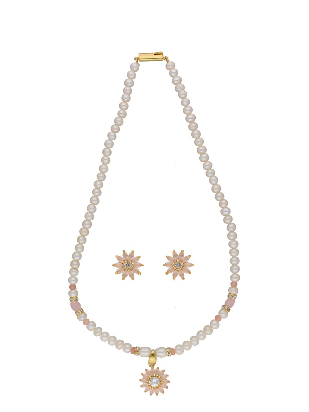 

Sri Jagdamba Pearls Dealer Gold-Plated Stone Studded & Pearl Beaded Jewellery Set