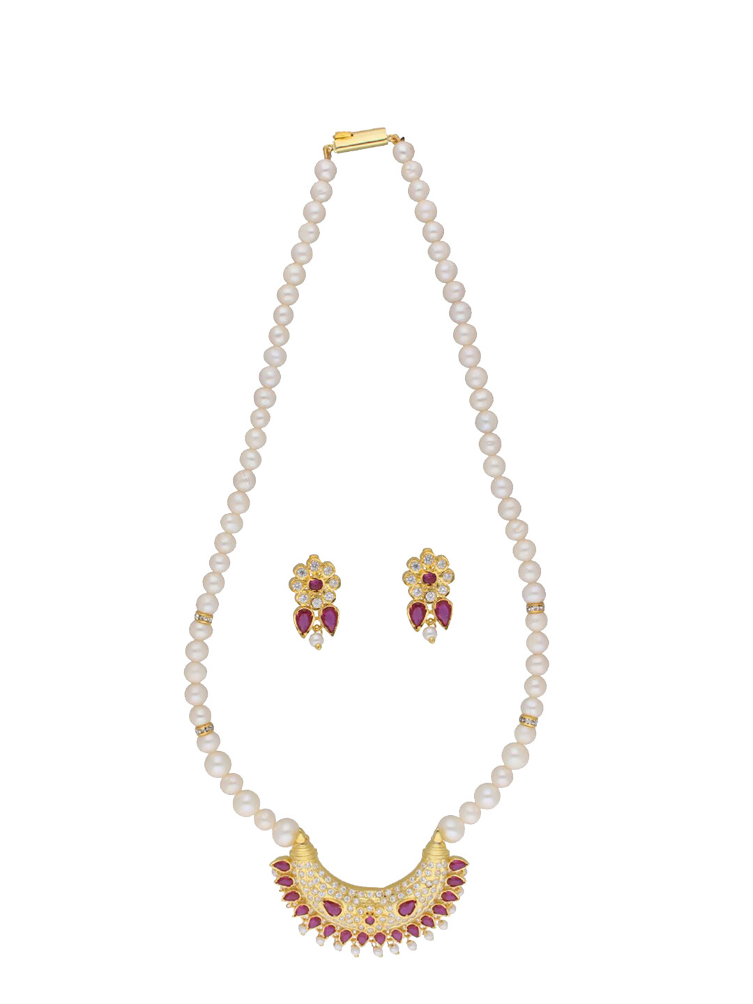 

Sri Jagdamba Pearls Dealer Gold-Plated Stone Studded & Pearl Beaded Jewellery Set