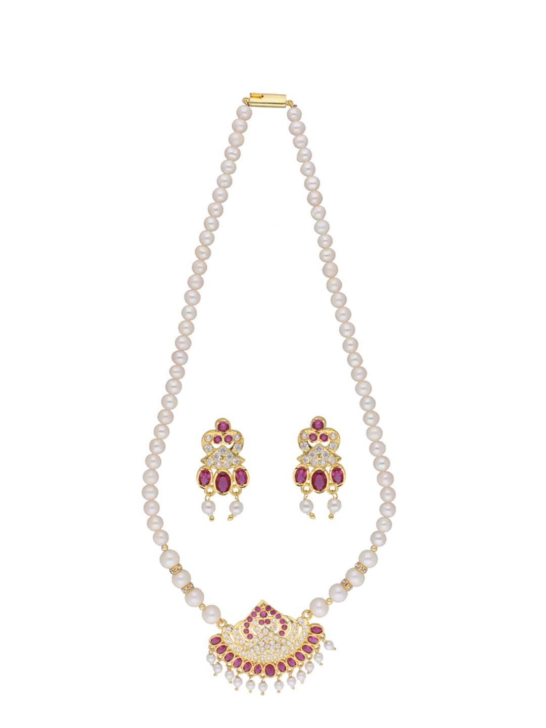 

Sri Jagdamba Pearls Dealer Gold-Plated Stone Studded & Pearl Beaded Jewellery Set