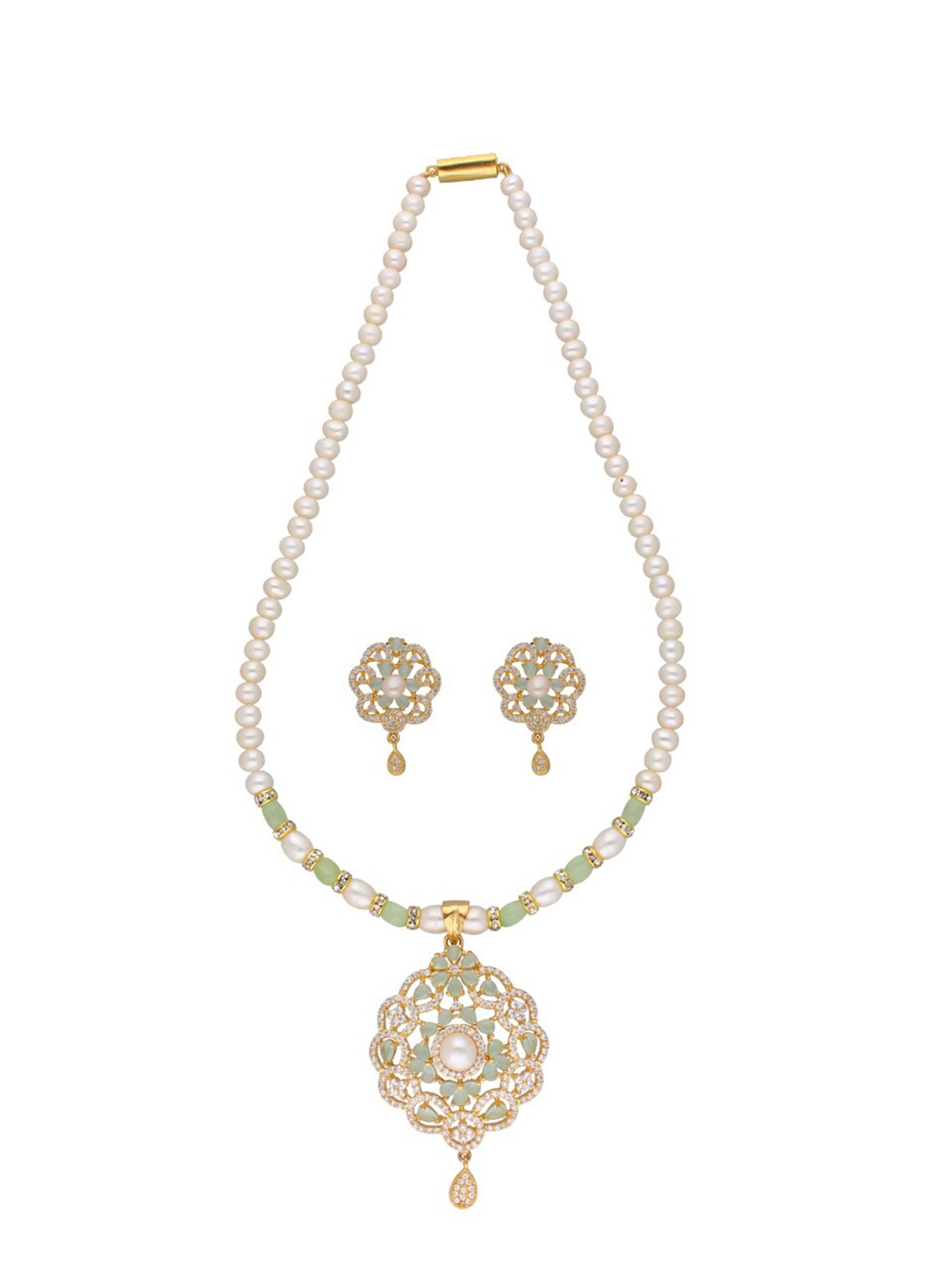 

Sri Jagdamba Pearls Dealer Gold-Plated Stone Studded & Pearl Beaded Jewellery Set