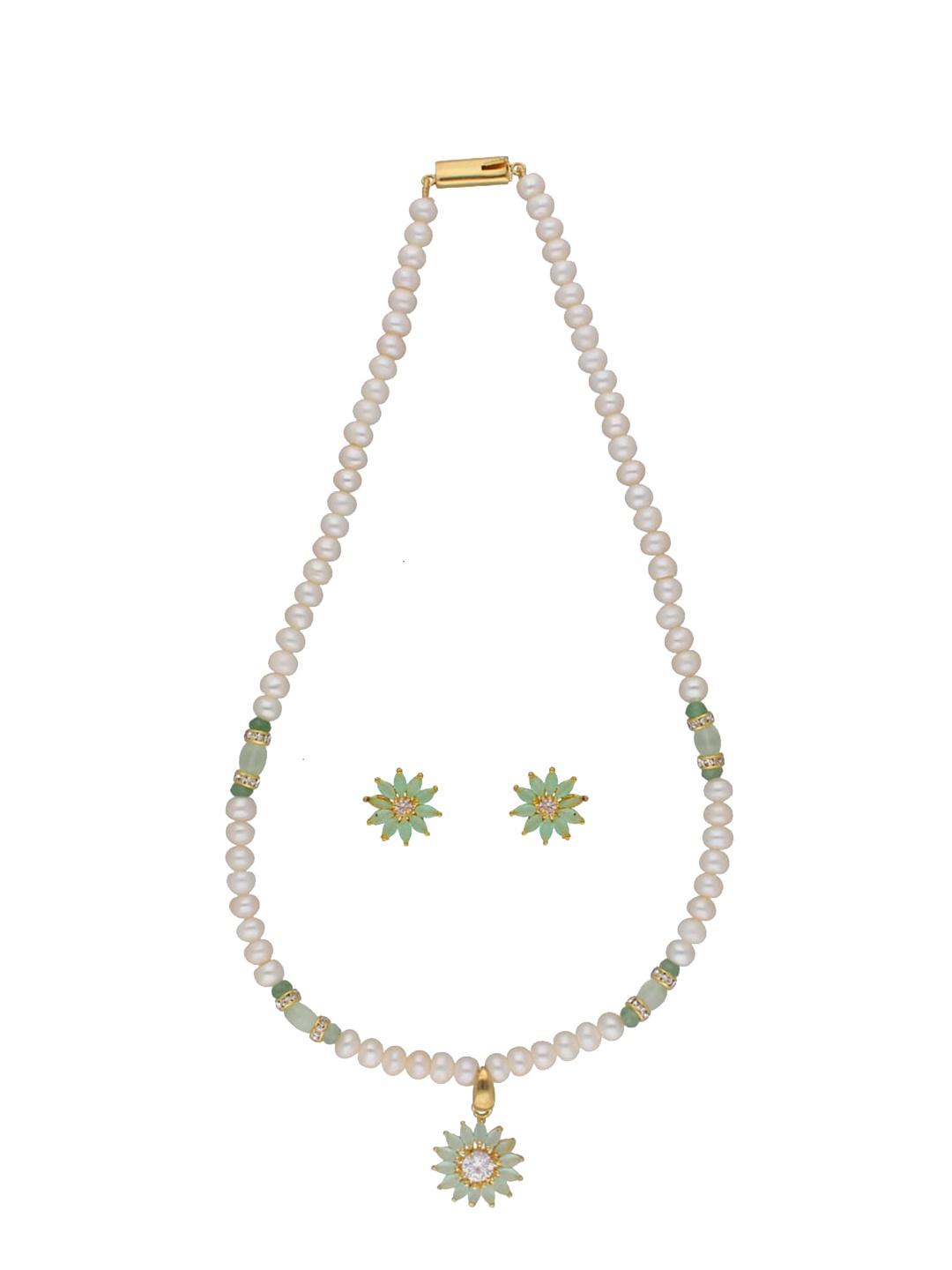 

Sri Jagdamba Pearls Dealer Gold-Plated Stone Studded & Pearl Beaded Jewellery Set