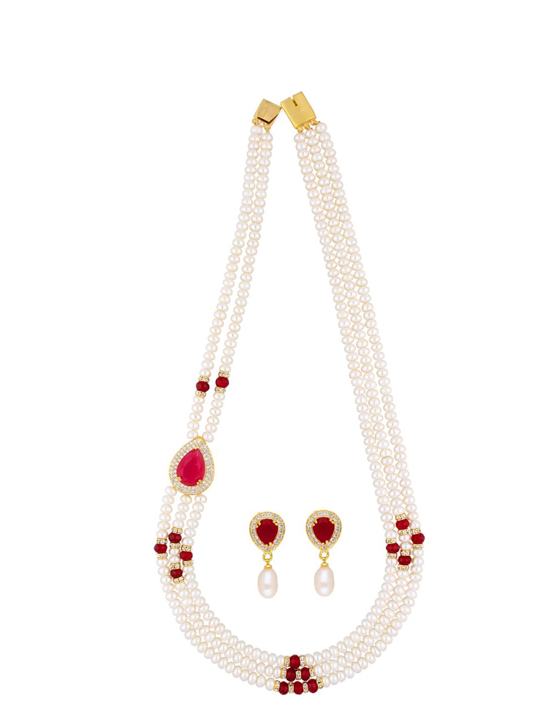 

Sri Jagdamba Pearls Dealer Gold-Plated Stone Studded & Pearl Beaded Jewellery Set