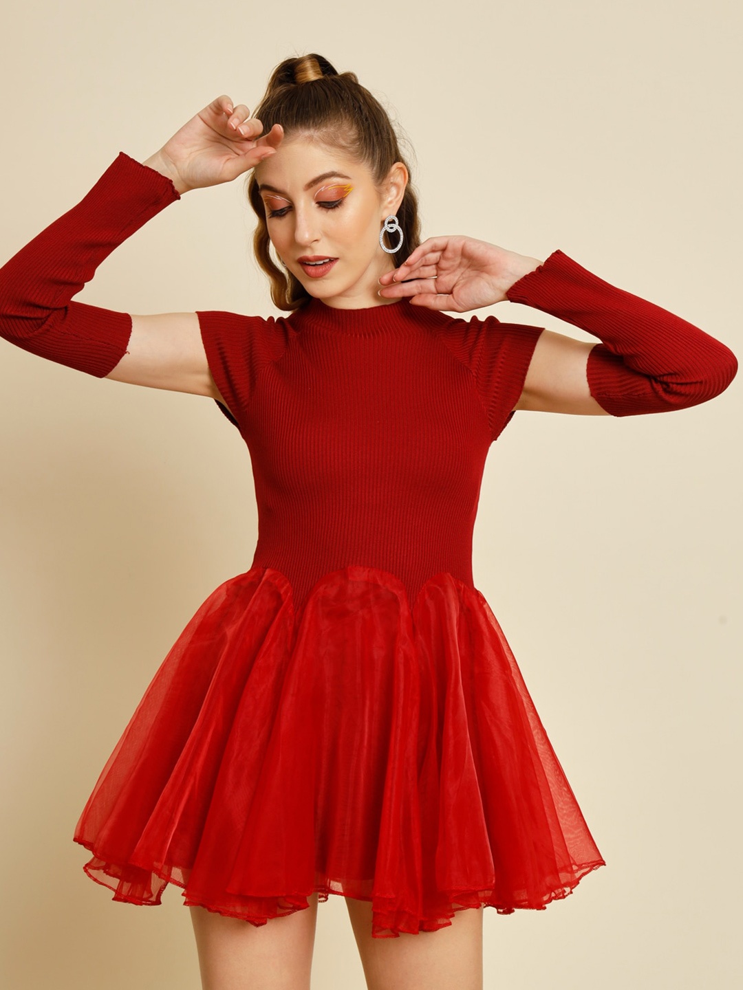 

BAESD Gathered Extra Removable Sleeves Polyester Fit & Flare Mini Dress, Red