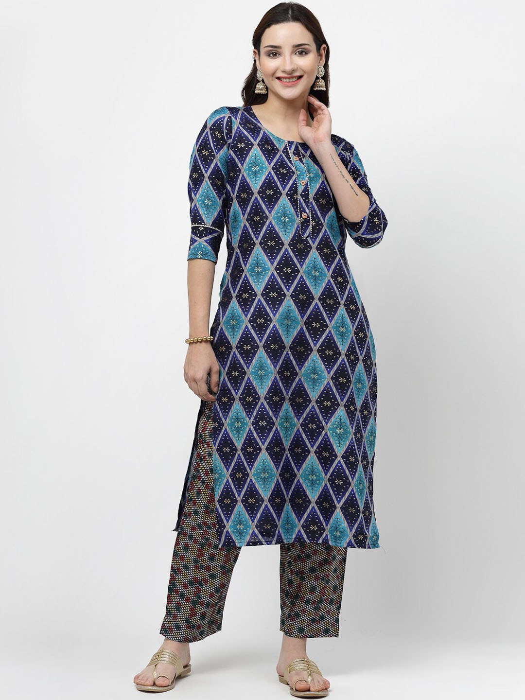 KALINI Floral Printed Regular Pure Cotton Kurta With Trousers, Blue