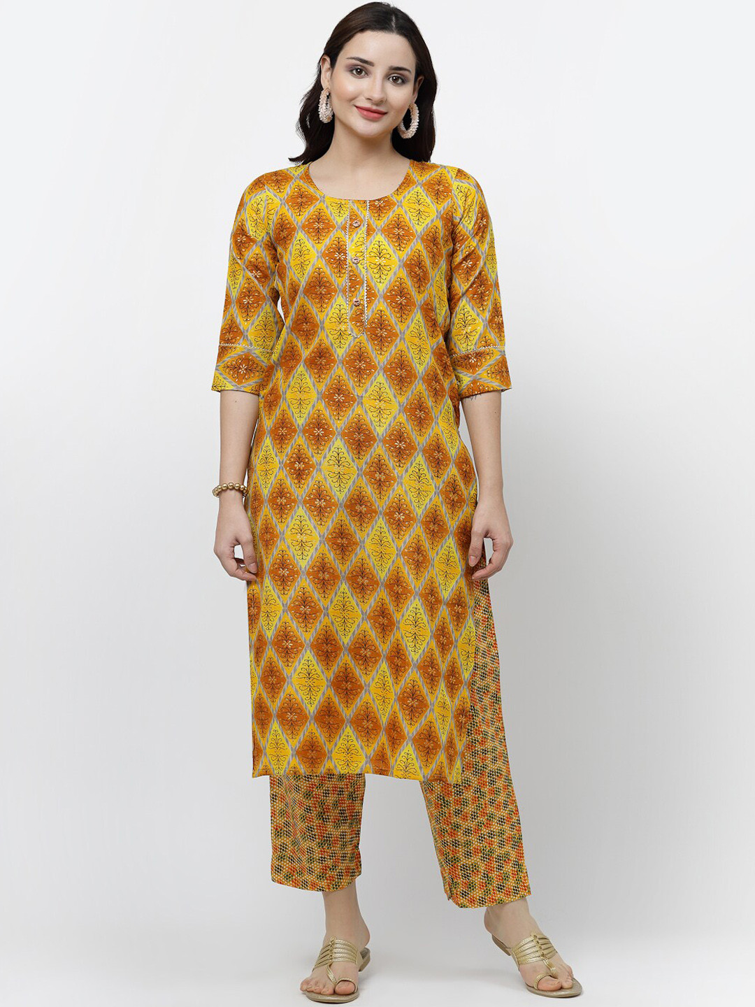 

KALINI Ethnic Motifs Printed Pure Cotton Kurta With Trousers, Yellow