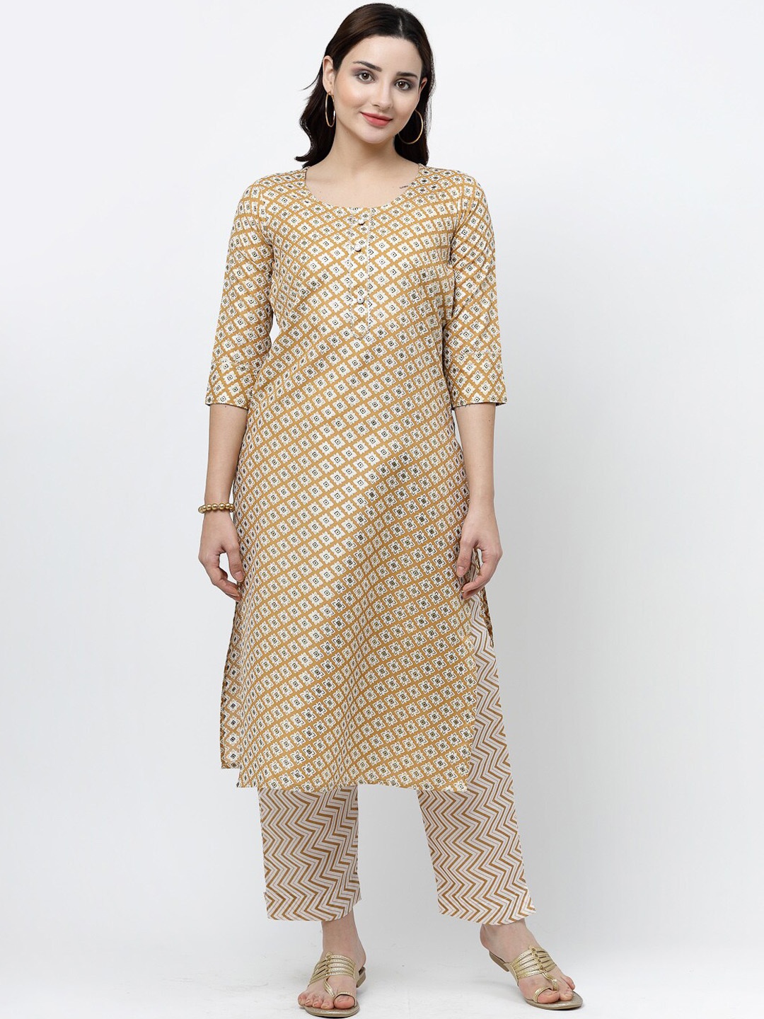 

KALINI Ethnic Motifs Printed Pure Cotton Kurta with Trousers, Beige