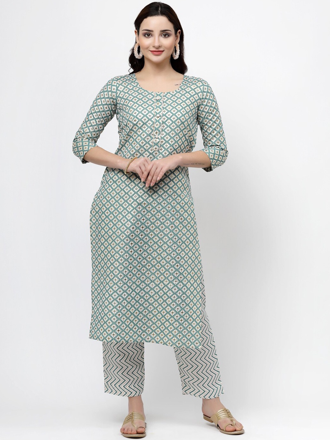 KALINI Floral Printed Pure Cotton Kurta With Trousers, Green