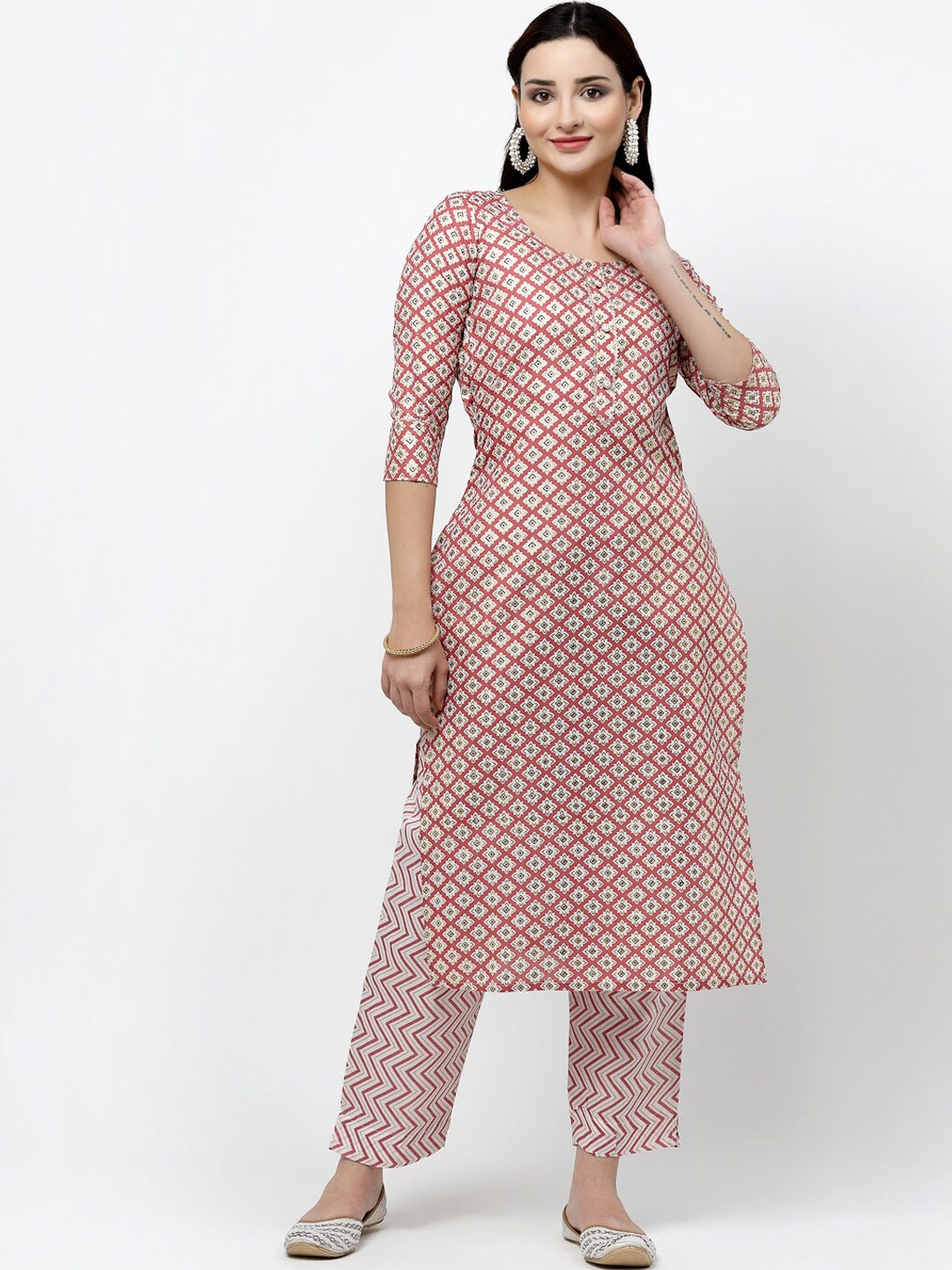 KALINI Printed Pure Cotton Straight Kurta & Trouser, Peach