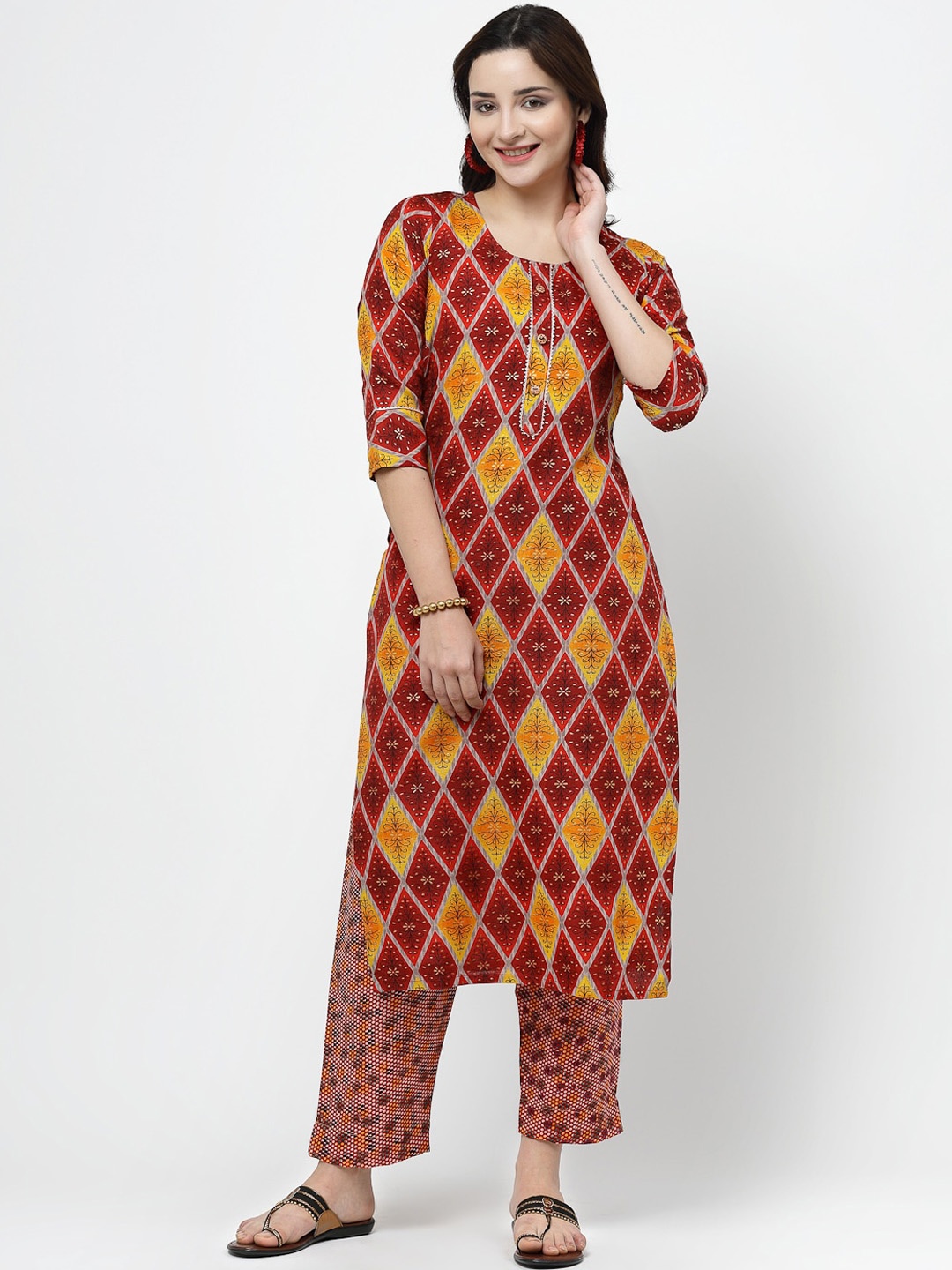 

KALINI Ethnic Motifs Printed Pure Cotton Straight Kurta & Trouser, Red