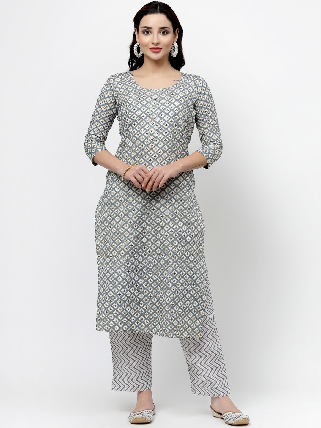 

KALINI Ethnic Motifs Printed Gotta Patti Pure Cotton Kurta & Trouser, Grey