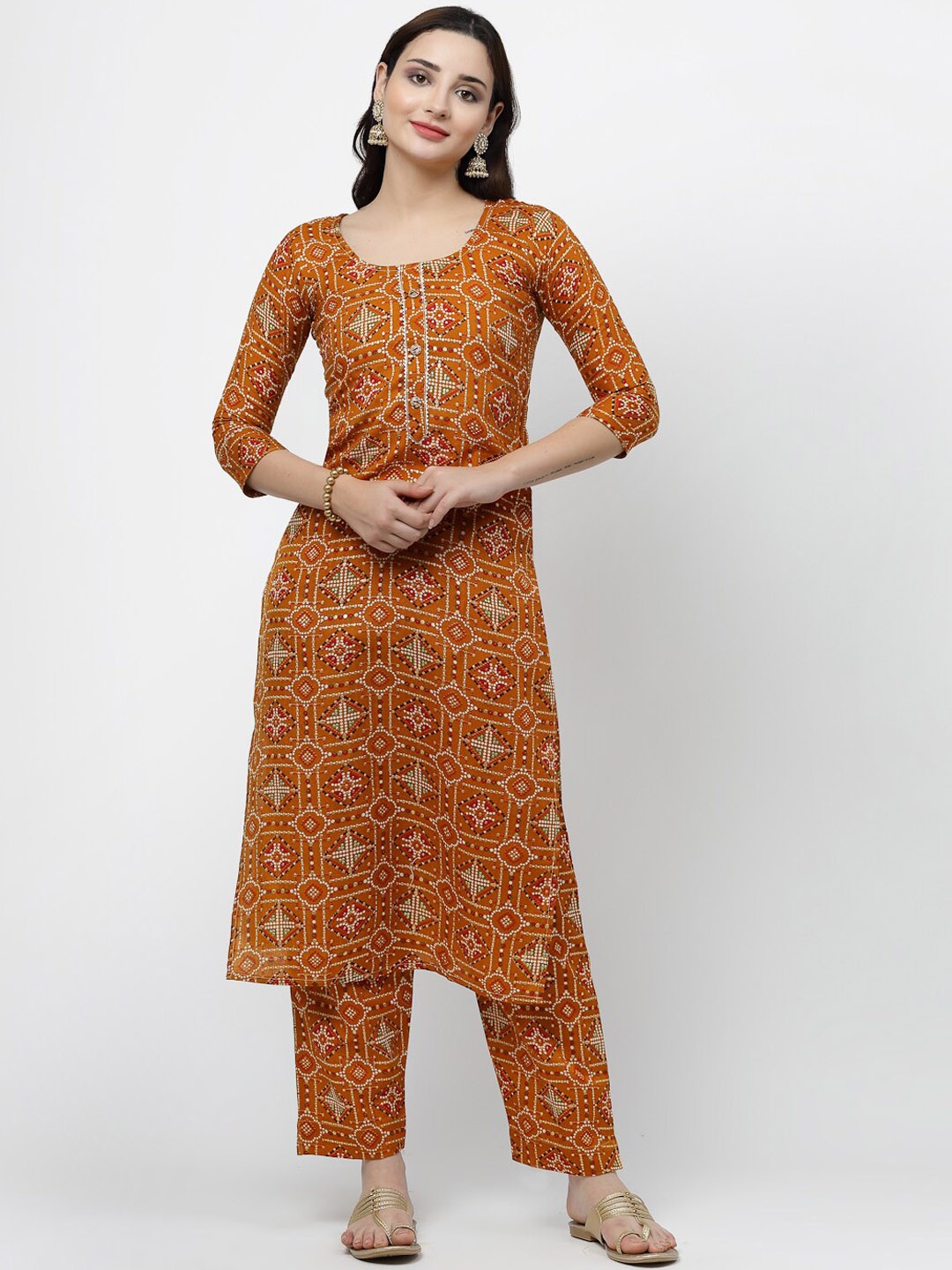 

KALINI Ethnic Motifs Printed Gotta Patti Regular Pure Cotton Kurta with Trousers, Mustard
