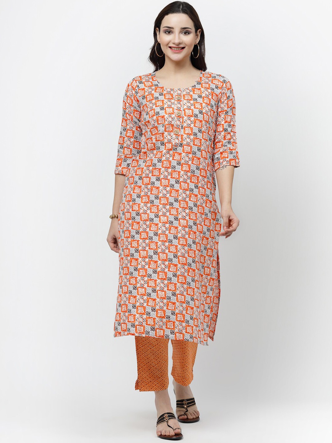 

KALINI Geometric Printed Straight Pure Cotton Kurta With Trousers, Orange