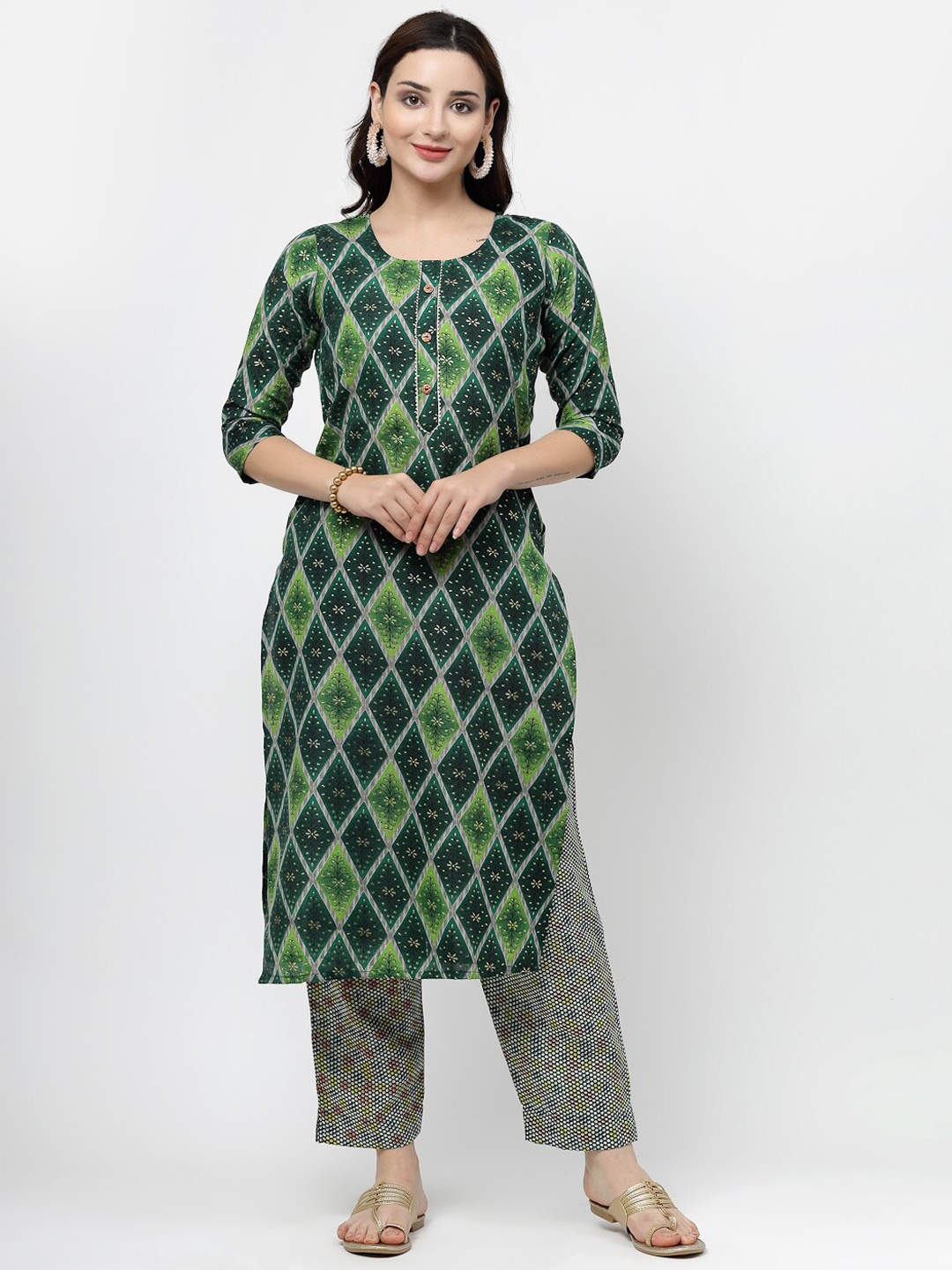 

KALINI Ethnic Motifs Printed Gotta Patti Pure Cotton Kurta & Trousers, Green