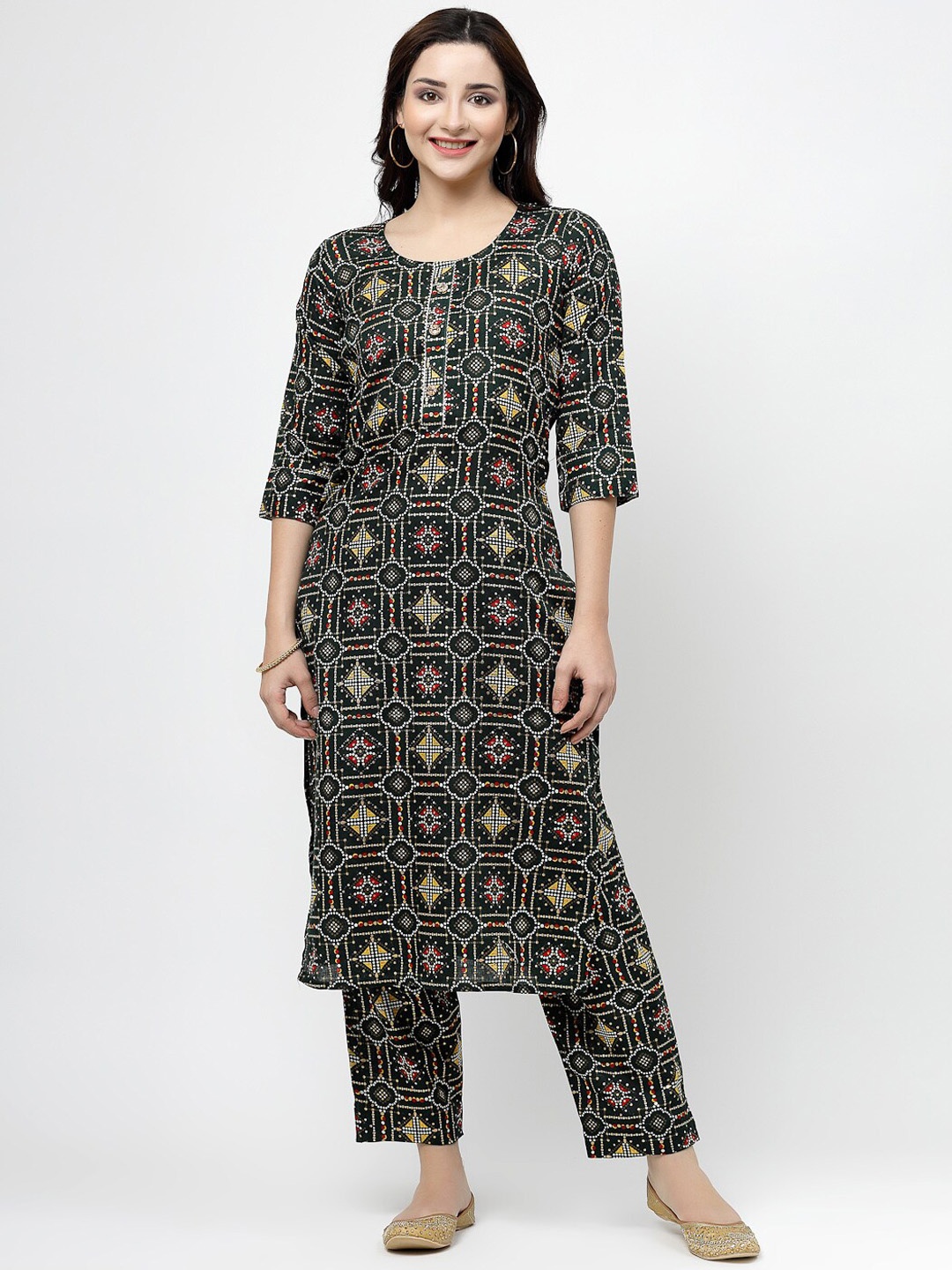

KALINI Ethnic Motifs Printed Pure Cotton Kurta With Trousers, Black