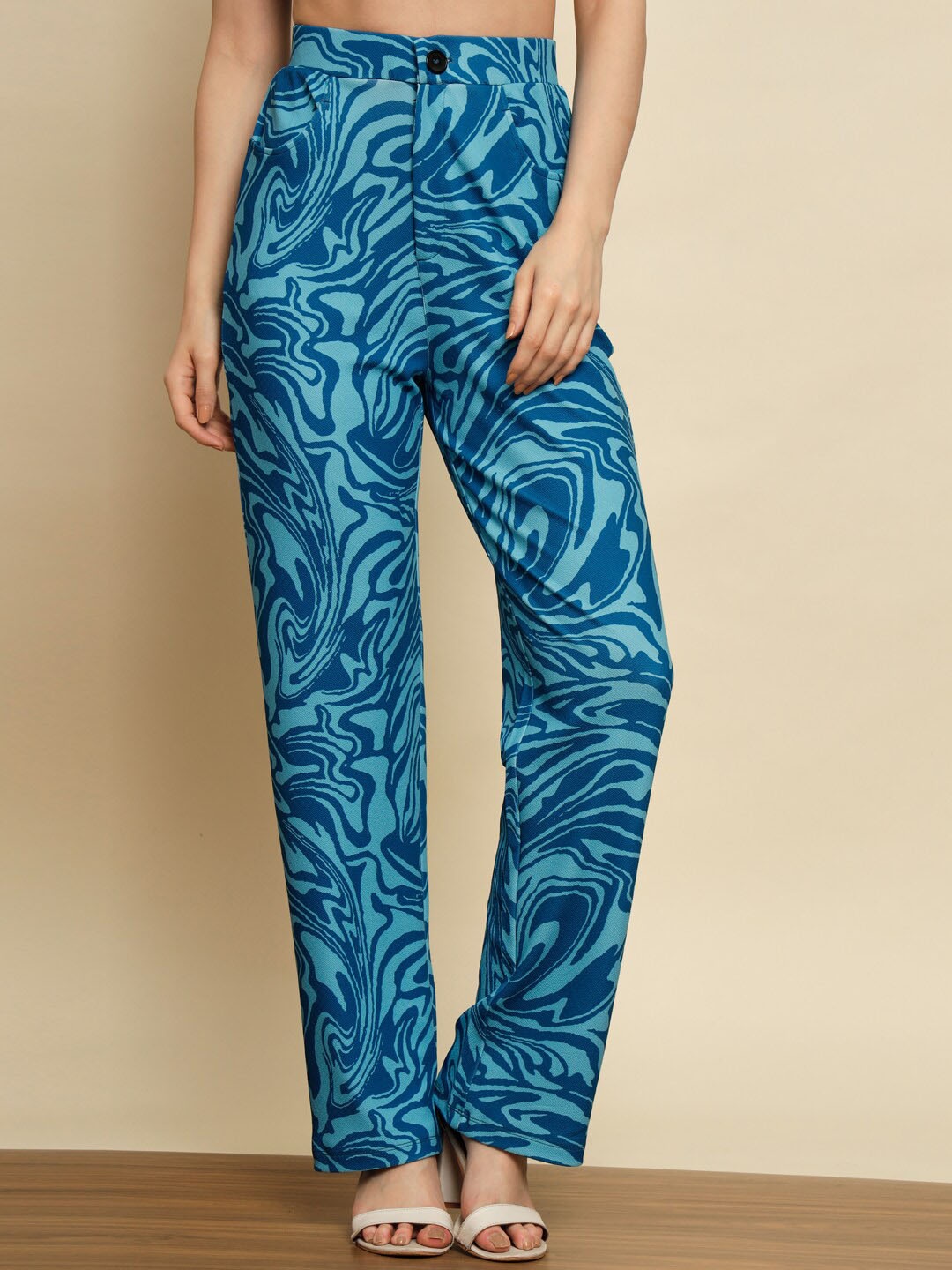 

BAESD Women Abstract Printed Smart High-Rise Trousers, Blue