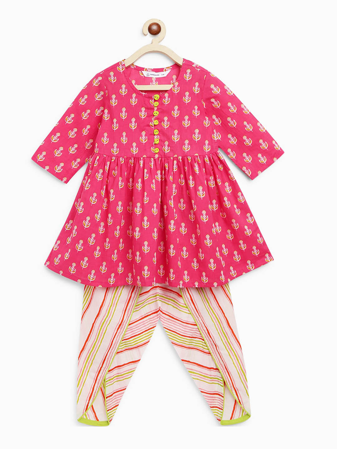 

Campana Girls Ethnic-Motifs Printed A-Line Kurta With Dhoti Pants, Pink