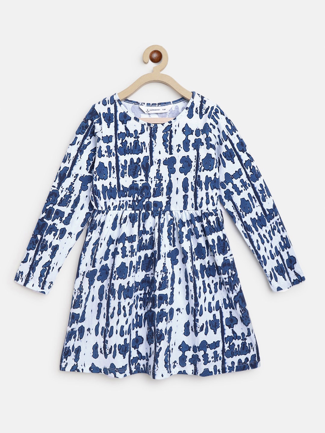 

Campana Girls Printed Long Sleeves Knee Length Fit & Flare Cotton Dress, Navy blue
