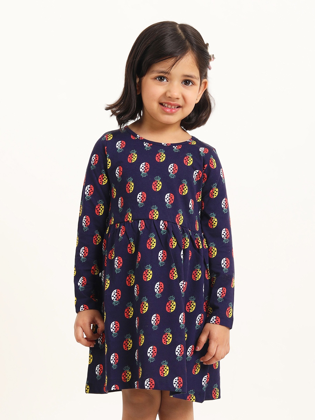 

Campana Girls Printed Cotton Long Sleeves Knee Length Fit and Flare Dress, Navy blue