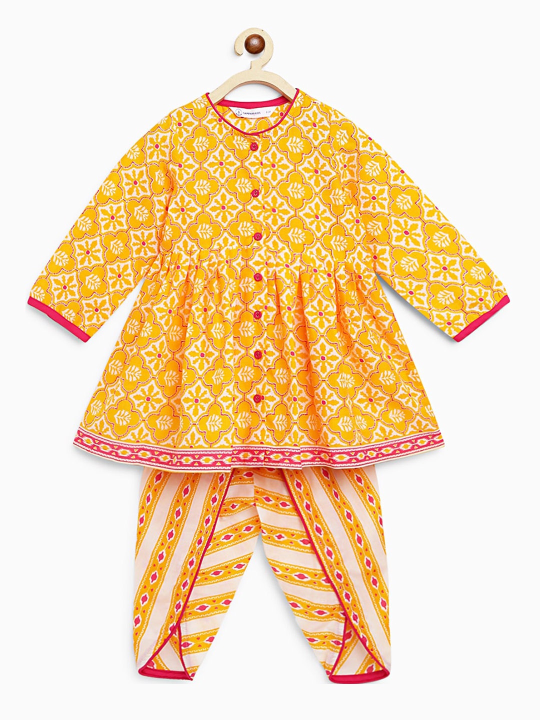 

Campana Printed Girls Pure Cotton A-Line Kurta & Dhoti Pants, Yellow