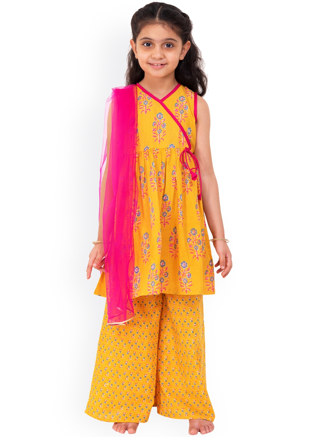 

Campana Girls Floral Boota Blockprint Print Angrakha Cotton Kurta with Palazzos & Dupatta, Yellow